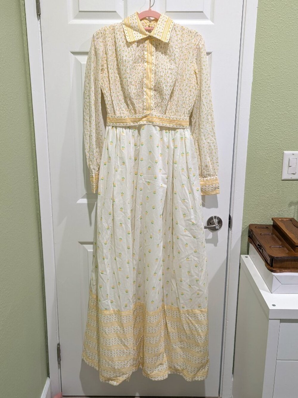 Vintage 70s White and Yellow Floral Prairie Maxi Dress